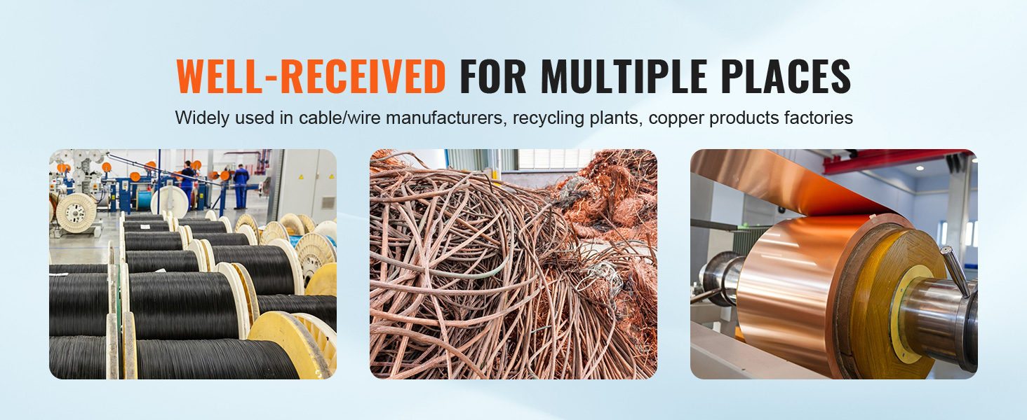 Машина для зачистки проволоки VEVOR используется производителями проволоки, заводами по переработке и изготовлениями изделий из меди.