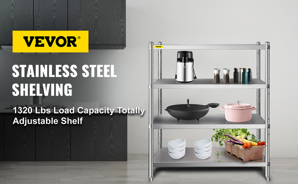 VEVOR stainless steel shelving with adjustable shelves, 1320 lbs load capacity.
