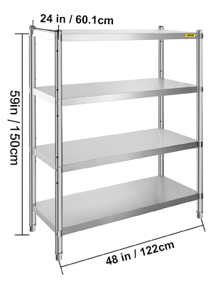 VEVOR stainless steel shelving, 4-tier, 59in h x 48in w x 24in d.