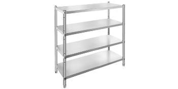 VEVOR stainless steel shelving with four tiers, ideal for kitchen or storage use.