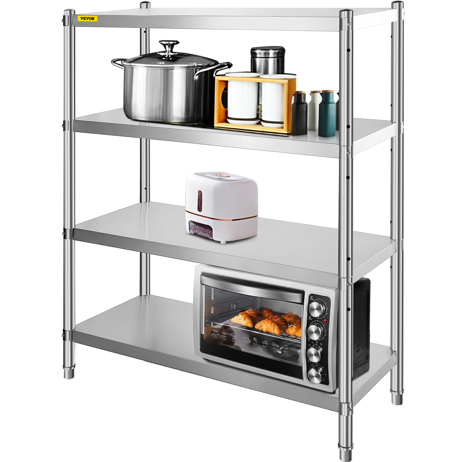 VEVOR stainless steel shelving with kitchen appliances and cookware.