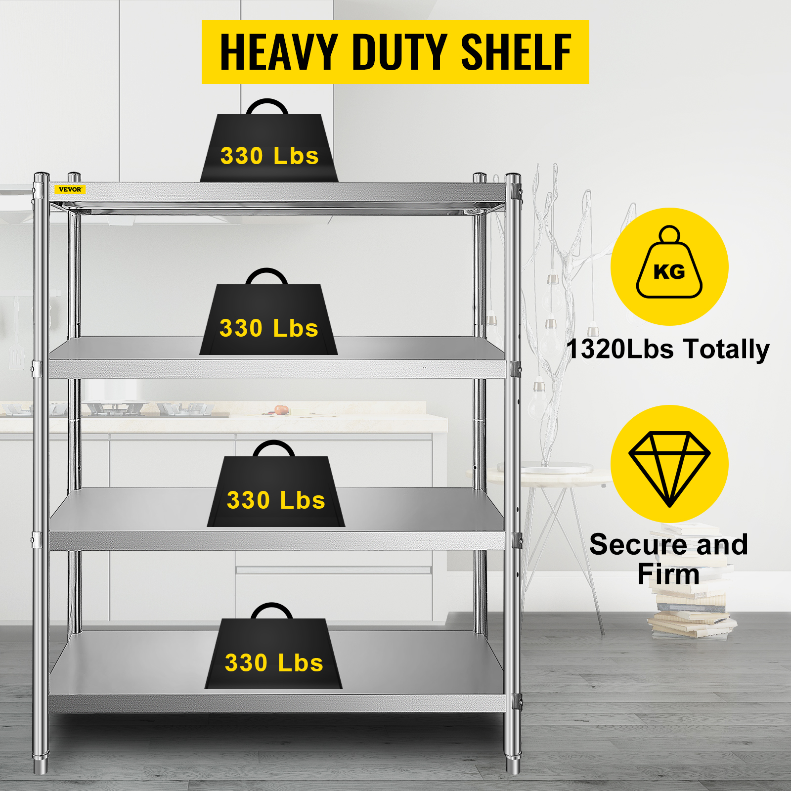 VEVOR stainless steel shelving, 330 lbs per shelf, holds up to 1320 lbs total.