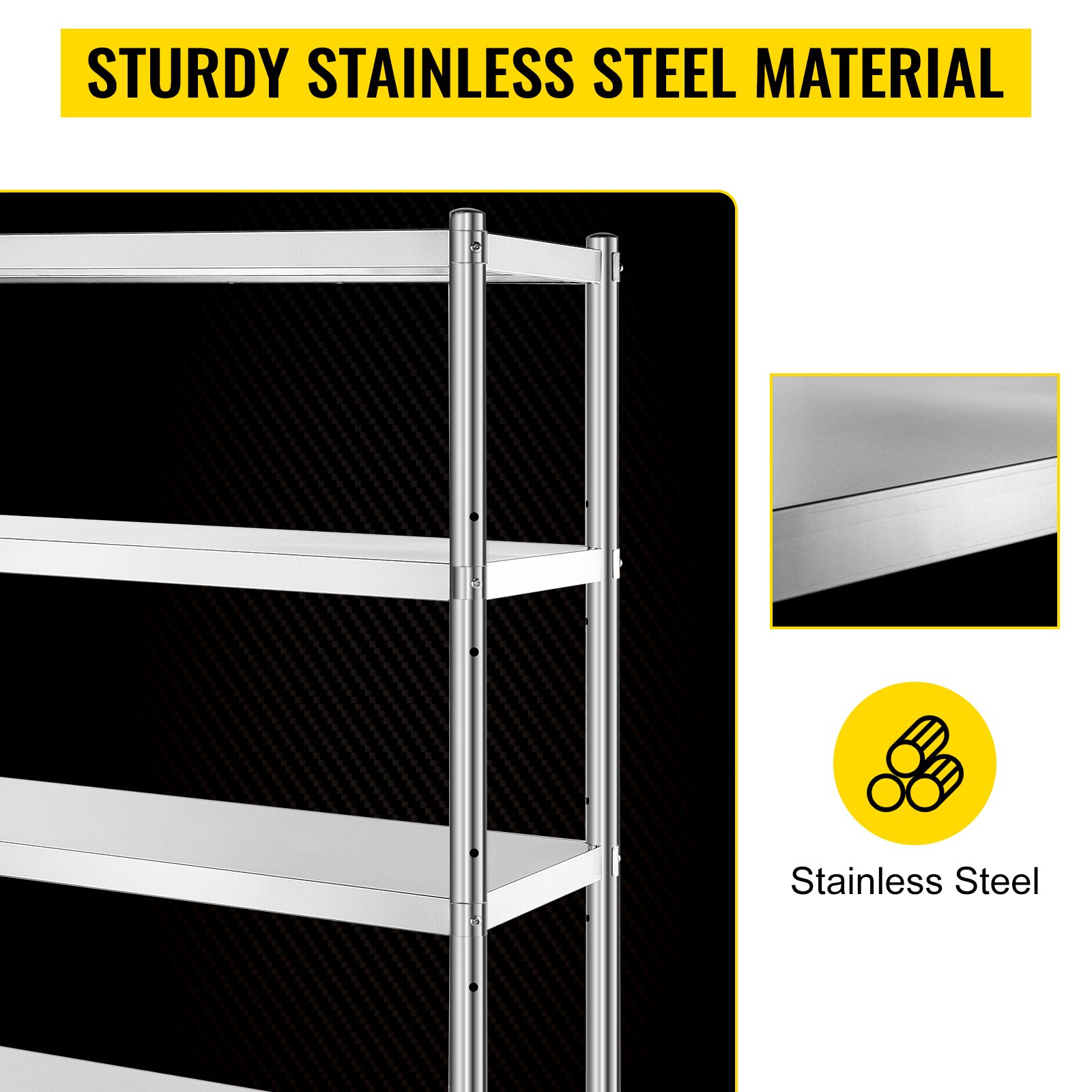 VEVOR stainless steel shelving with sturdy material and metal design.