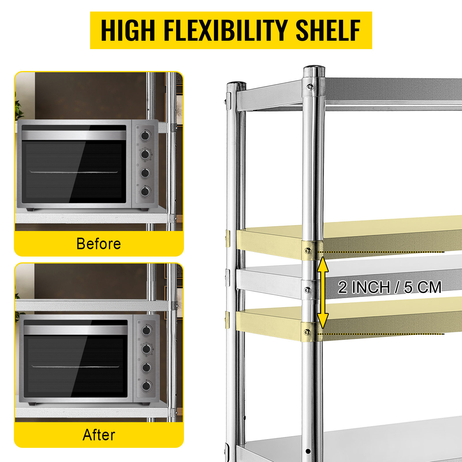 VEVOR stainless steel shelving showing adjustable shelf heights and before/after settings.