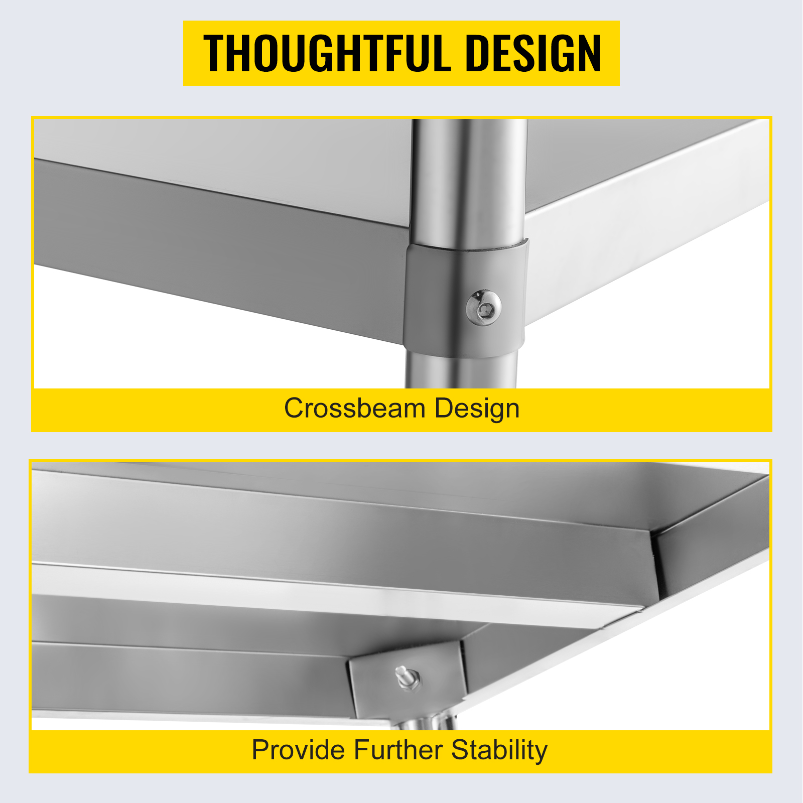 VEVOR stainless steel shelving crossbeam design ensuring stability and support.