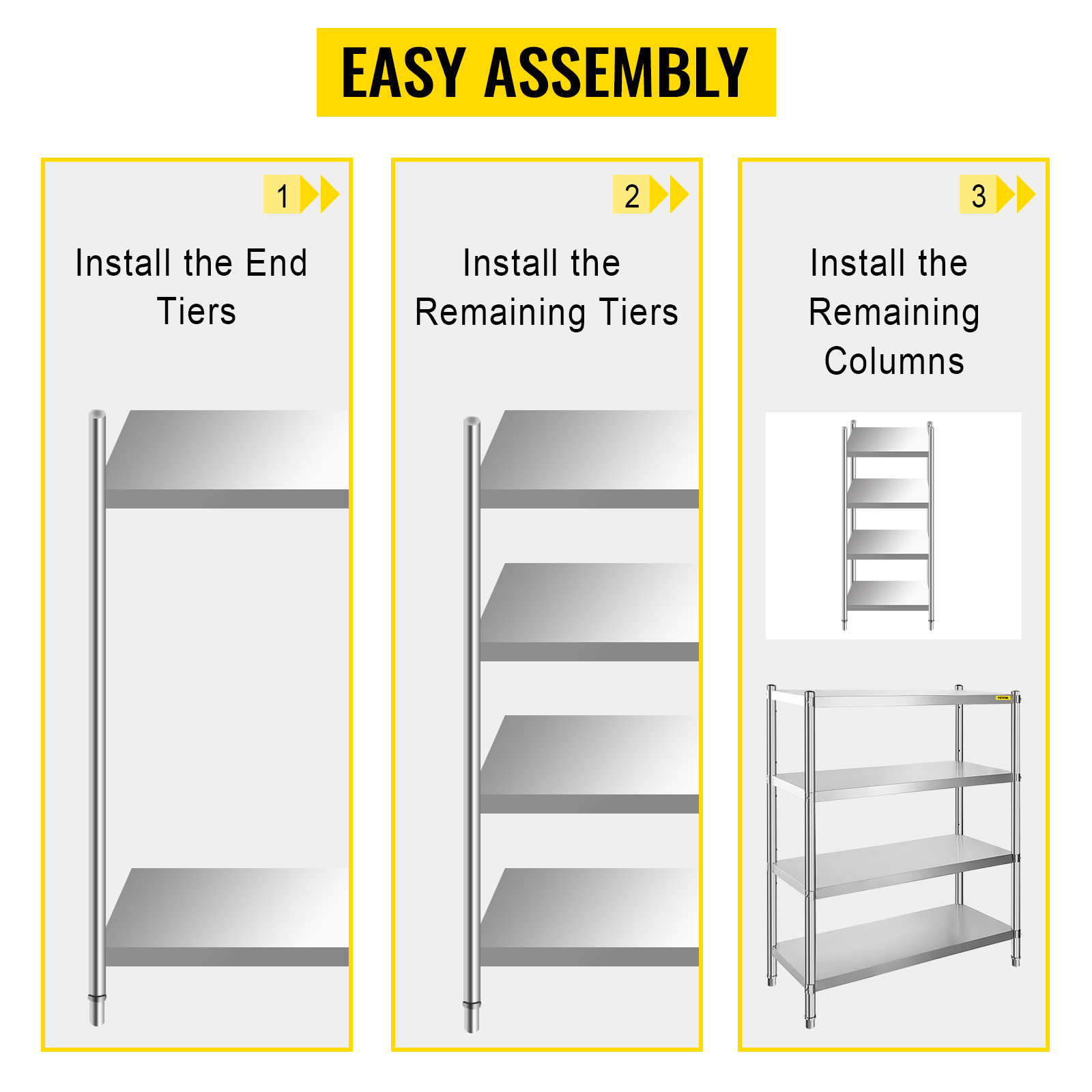 VEVOR stainless steel shelving easy assembly steps: install tiers and columns.