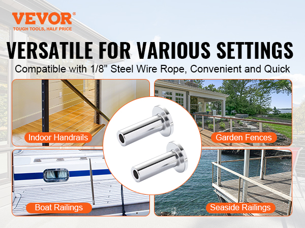 VEVOR stainless steel protector sleeves for indoor handrails, garden fences, boat railings, and seaside railings.