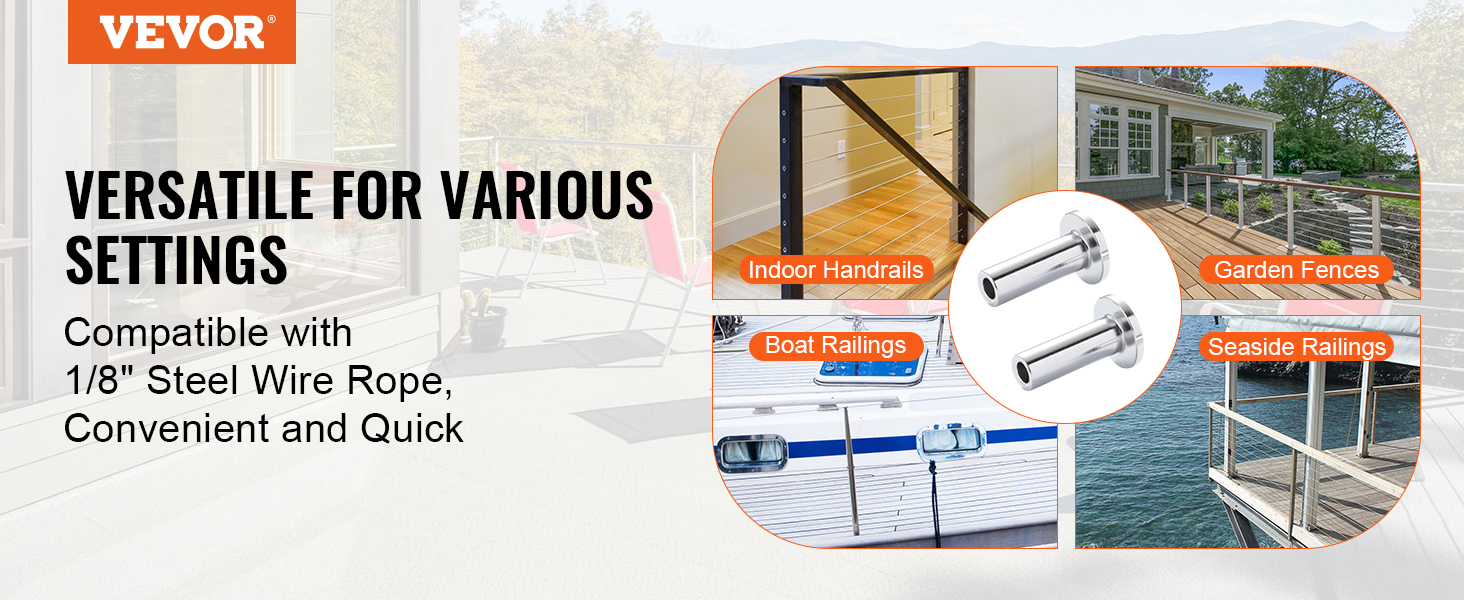 VEVOR stainless steel protector sleeves for indoor handrails, garden fences, boat railings, and seaside railings.