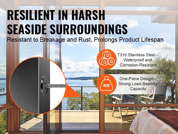 VEVOR stainless steel cable railing sleeves, rust-resistant, and strong load-bearing capacity for seaside use.