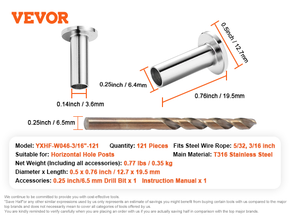VEVOR stainless steel protector sleeves and accessories with specification details and dimensions.