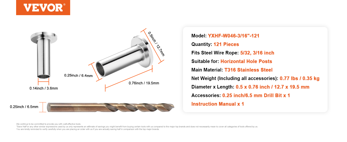 VEVOR stainless steel protector sleeves and accessories with specification details and dimensions.