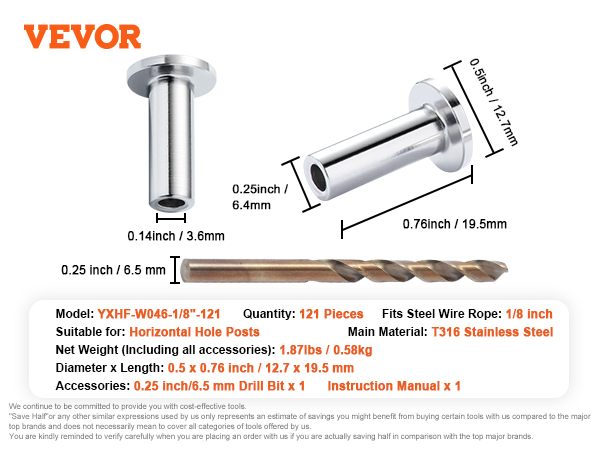 VEVOR stainless steel protector sleeves set with 121 pieces, a t316 stainless steel body, and included drill bit.