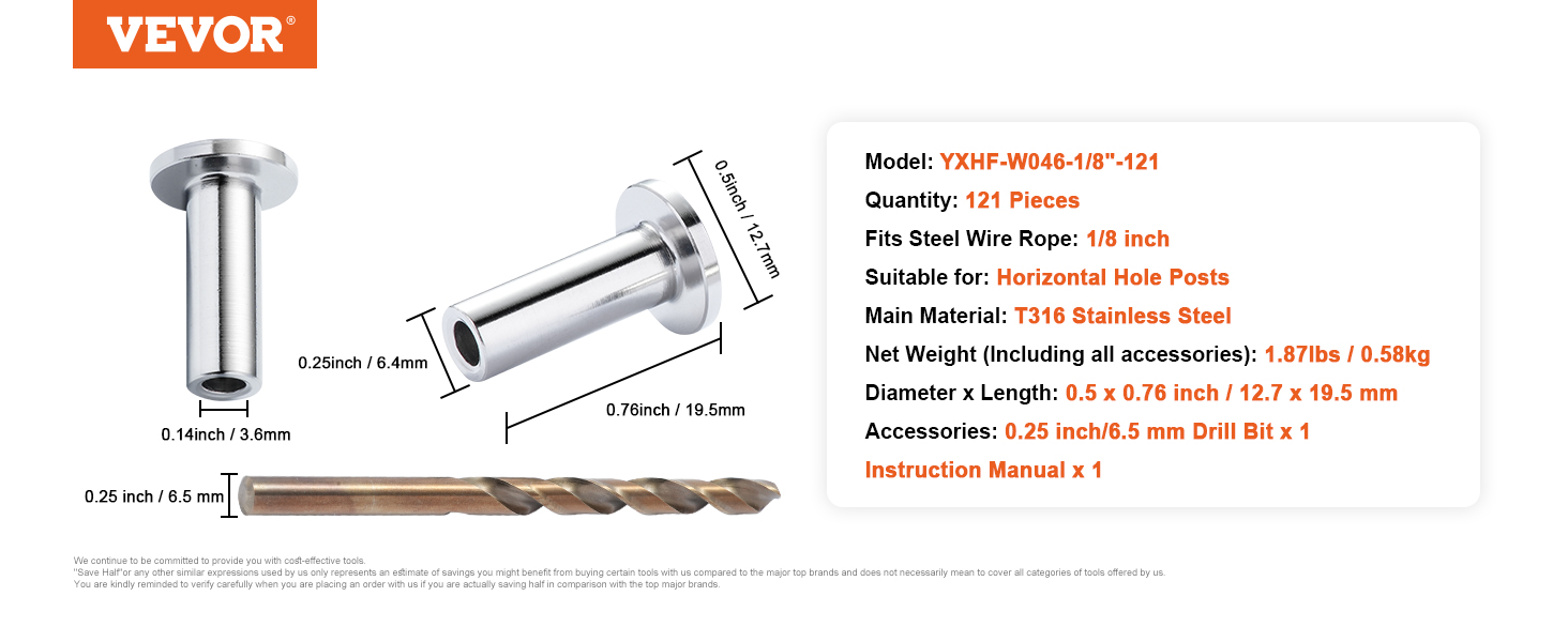 VEVOR stainless steel protector sleeves set with 121 pieces, a t316 stainless steel body, and included drill bit.