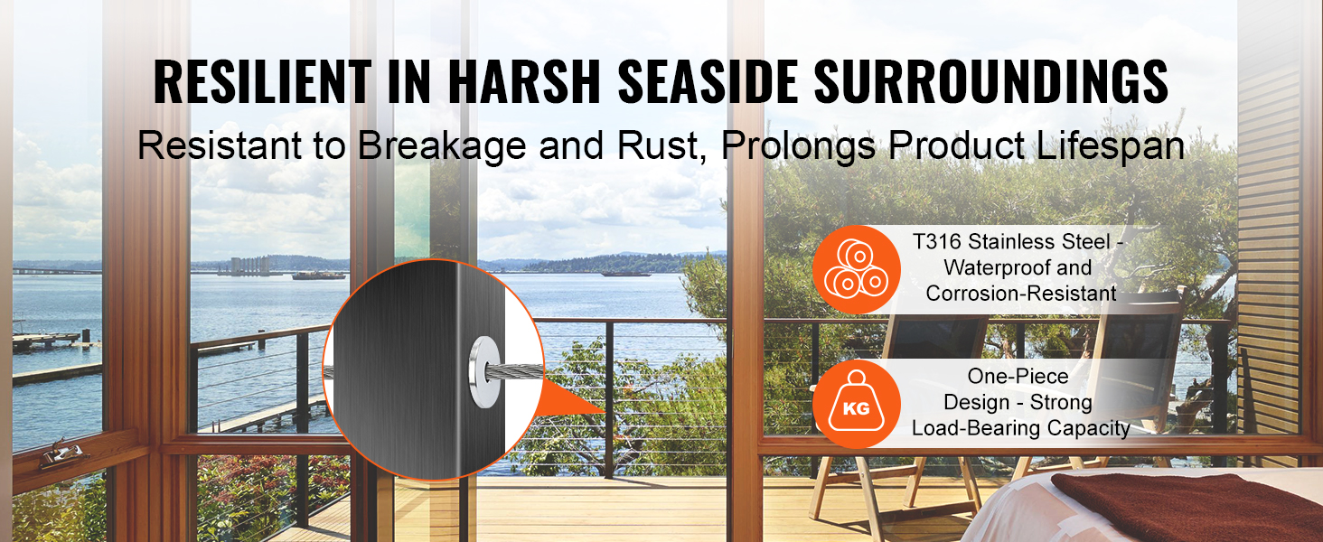 VEVOR stainless steel protector sleeves on a seaside deck, promoting high durability and corrosion resistance.