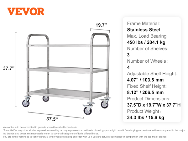 VEVOR kitchen utility cart, stainless steel, 3 shelves, 4 wheels, max load 450 lbs, dimensions: 37.5"d x 19.7"w x 37.7"h.