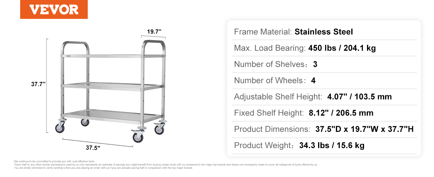 VEVOR kitchen utility cart, stainless steel, 3 shelves, 4 wheels, max load 450 lbs, dimensions: 37.5"d x 19.7"w x 37.7"h.