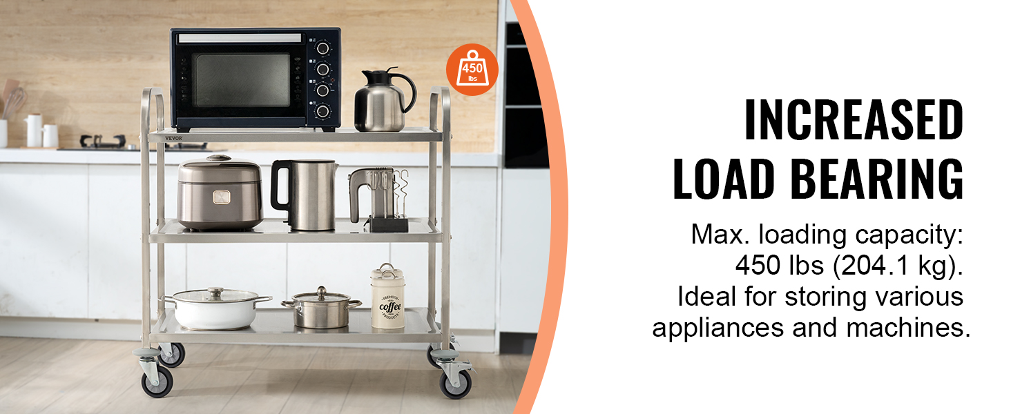 Кухонная тележка VEVOR с бытовой техникой, грузоподъемность 450 фунтов, три полки, колесики на колесиках.