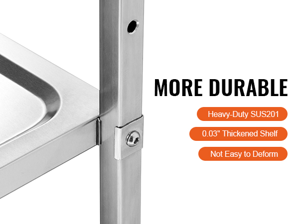 рама кухонной тележки VEVOR из нержавеющей стали крупным планом демонстрирует прочность и утолщенную полку.