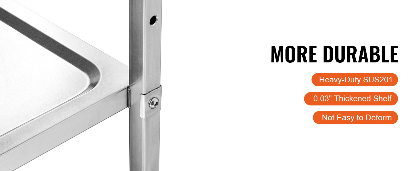 рама кухонной тележки VEVOR из нержавеющей стали крупным планом демонстрирует прочность и утолщенную полку.