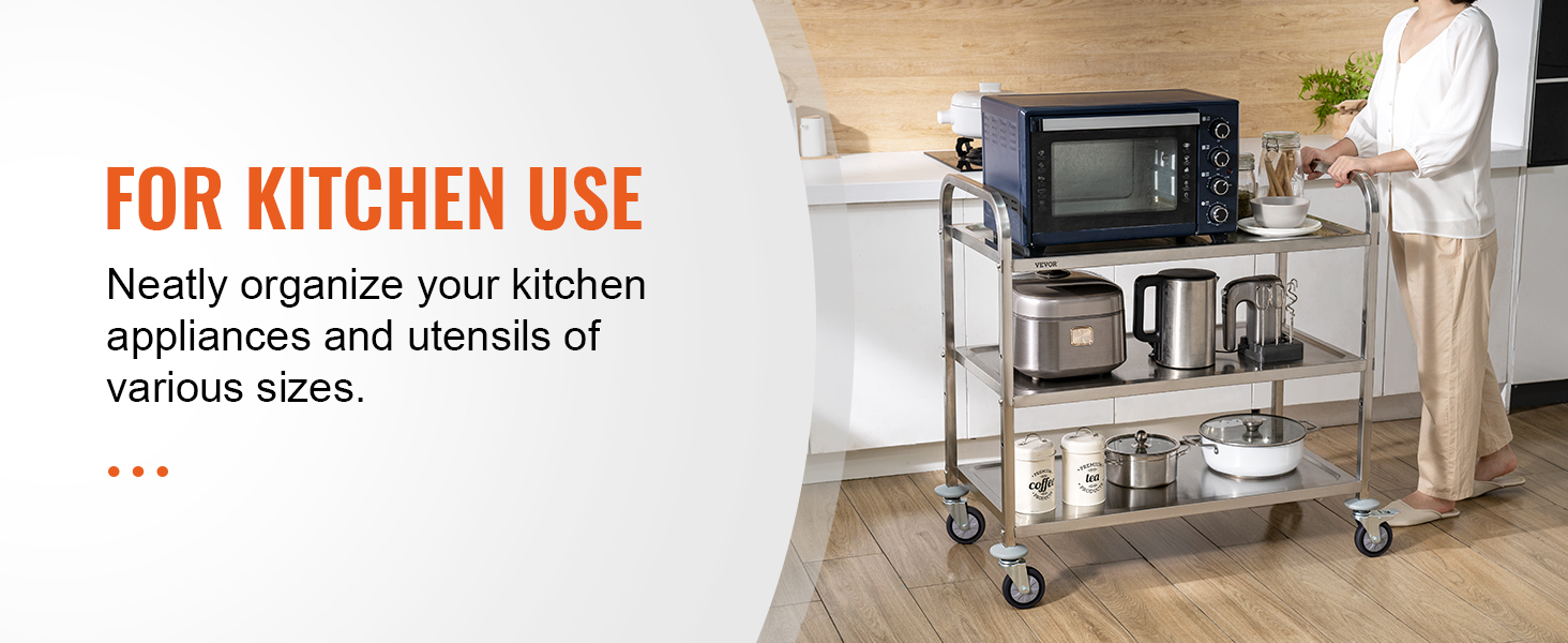 Тележка для кухонных принадлежностей VEVOR, в которой аккуратно разложены приборы и столовые приборы, включая микроволновую печь и тостер.