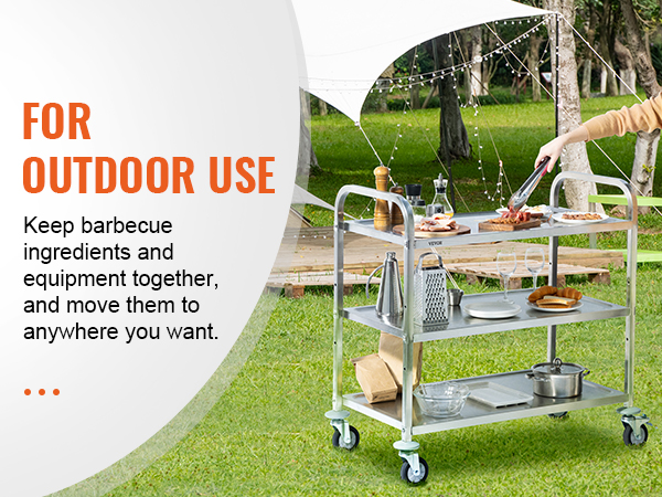 установка для приготовления барбекю на открытом воздухе с тележкой VEVOR kitchen, загруженной инструментами для гриля и ингредиентами.