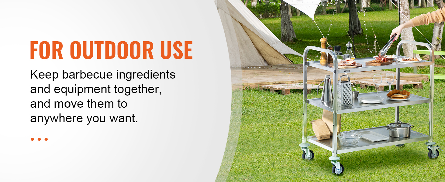 установка для приготовления барбекю на открытом воздухе с тележкой VEVOR kitchen, загруженной инструментами для гриля и ингредиентами.