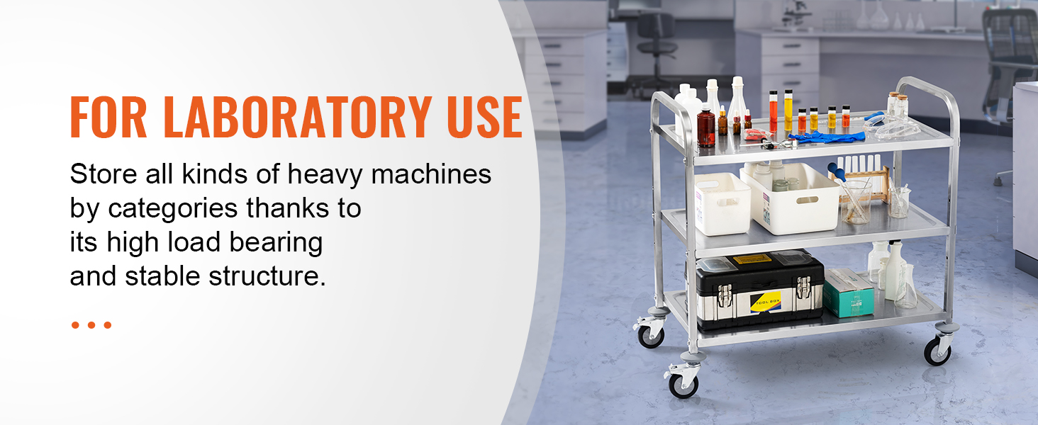 Кухонная тележка VEVOR с лабораторным оборудованием, демонстрирующая высокую несущую способность и устойчивость.