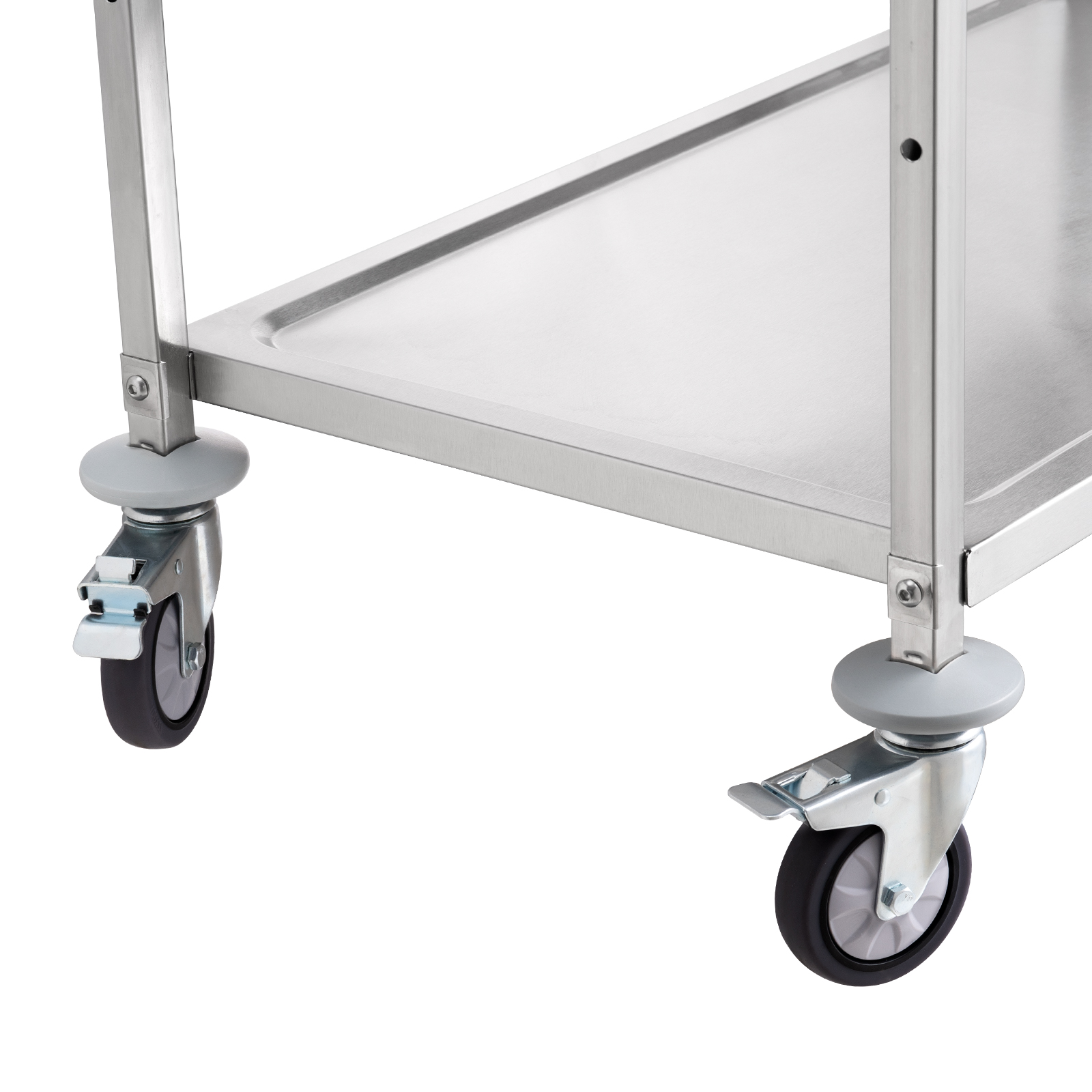 stainless steel shelf and caster wheels of the VEVOR kitchen utility cart, showcasing durability and mobility.