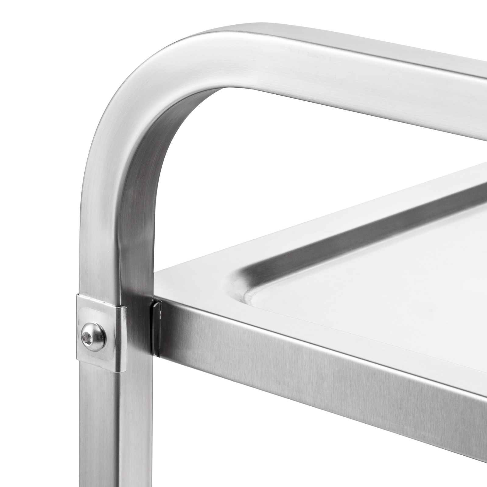stainless steel VEVOR kitchen utility cart with a sturdy, curved handle and seamless design.