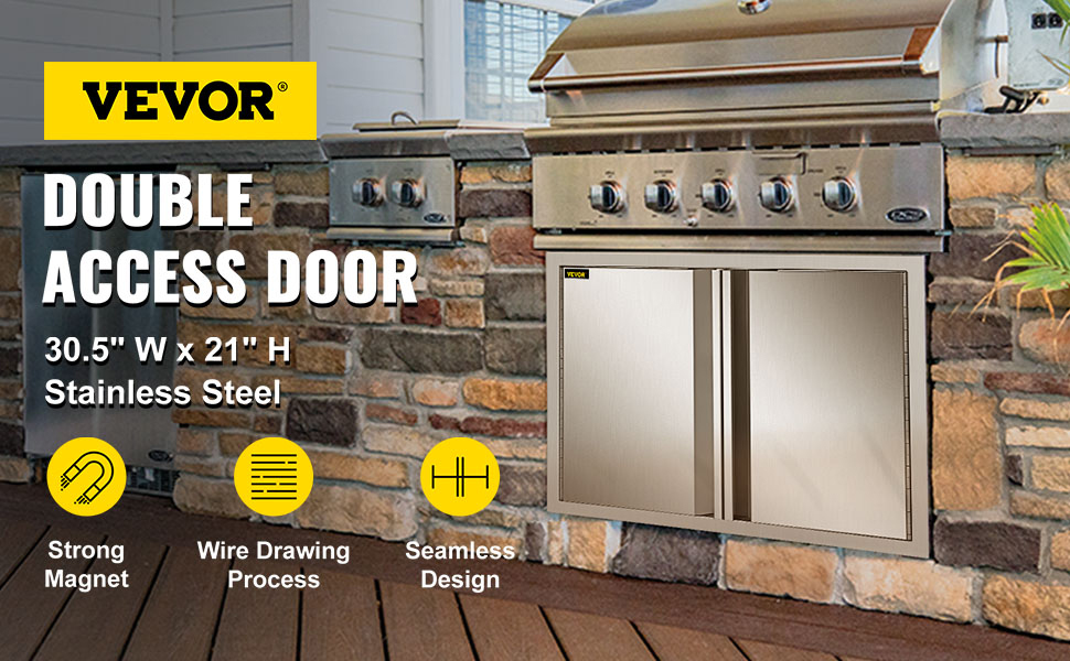 VEVOR bbq access door, stainless steel, 30.5"w x 21"h, installed in outdoor kitchen.