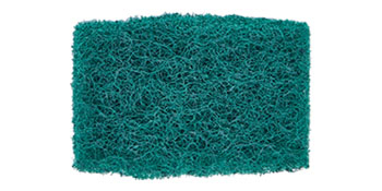rectangular green scrub pad with coarse textured fibers.