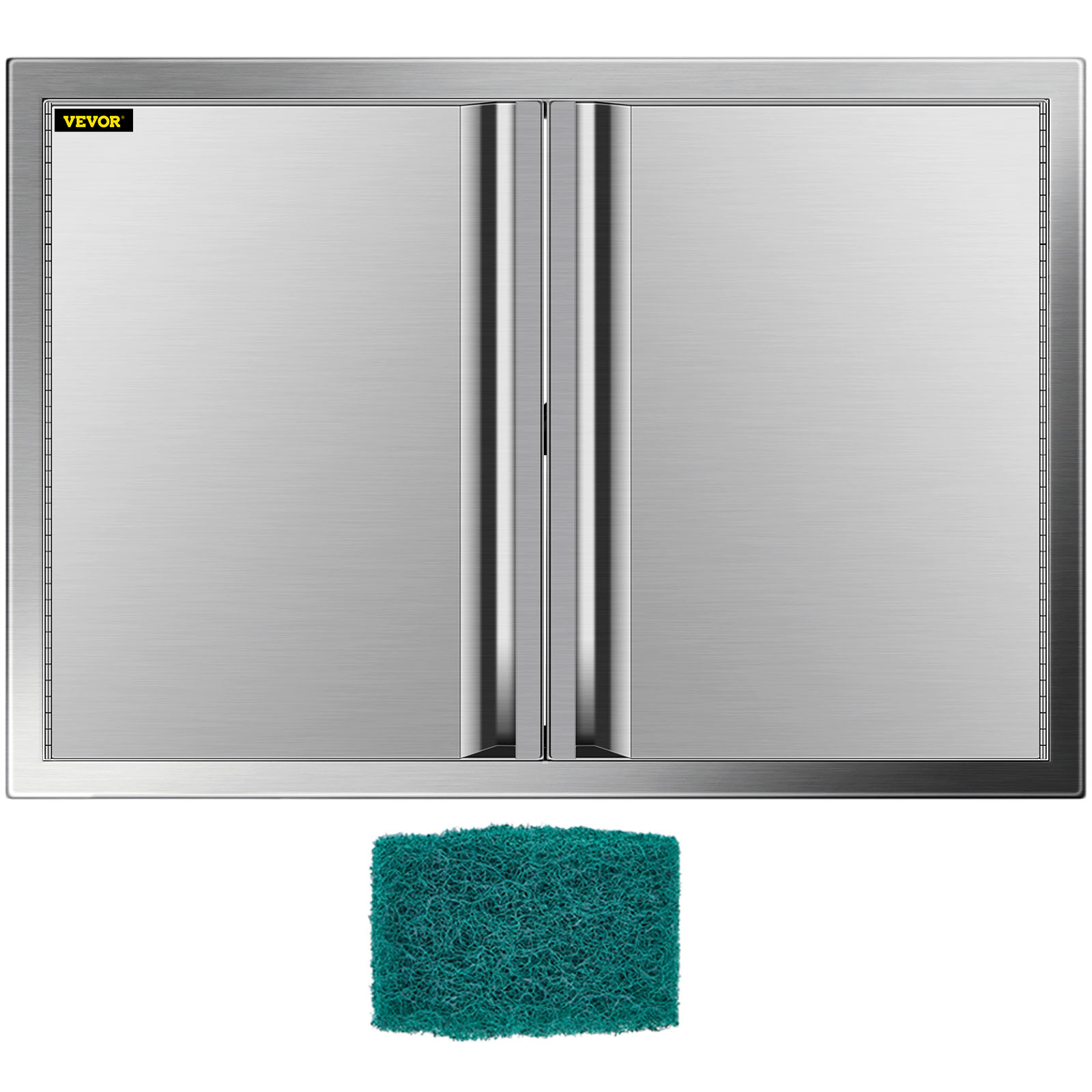 VEVOR bbq access door with double stainless steel doors and a green scrubbing pad.