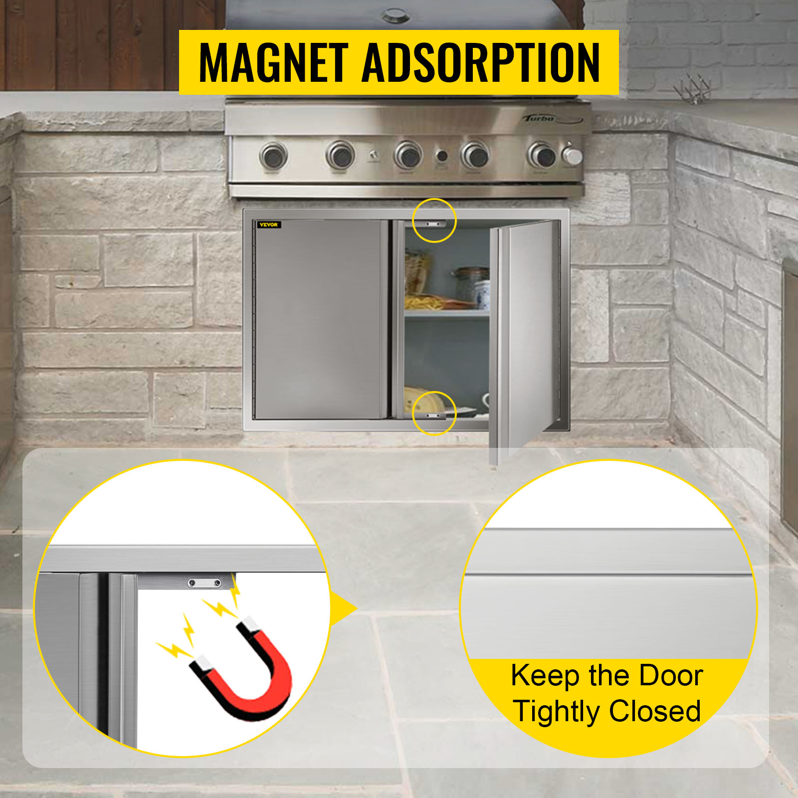VEVOR bbq access door with magnet adsorption in an outdoor kitchen setup.