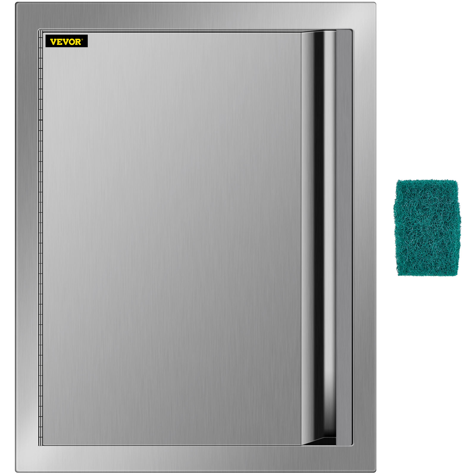 VEVOR bbq access door with stainless steel finish and green cleaning sponge.