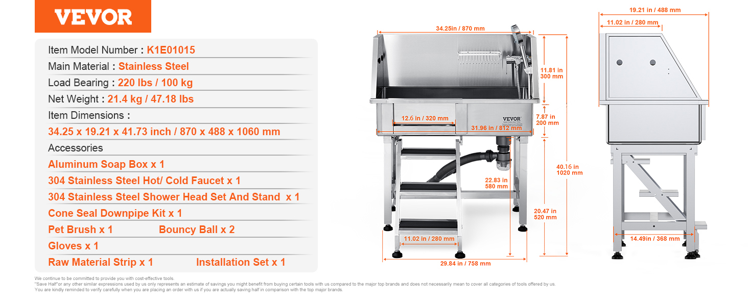 VEVOR dog grooming tub with dimensions, stainless steel, and accessories listed on the side.