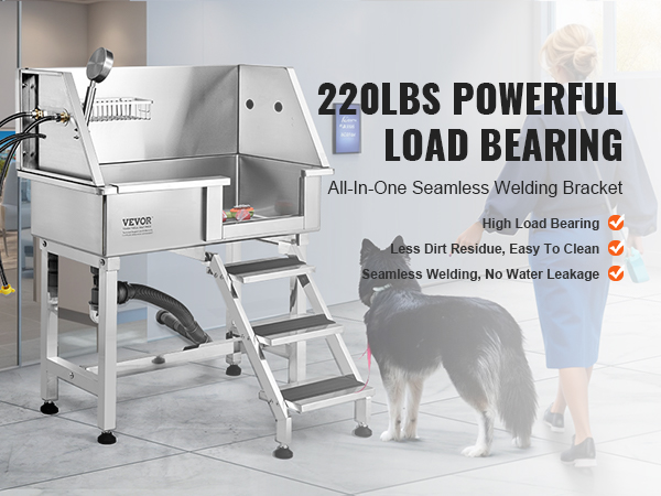 VEVOR dog grooming tub with steps, handles, and a high load-bearing capacity of 220lbs.