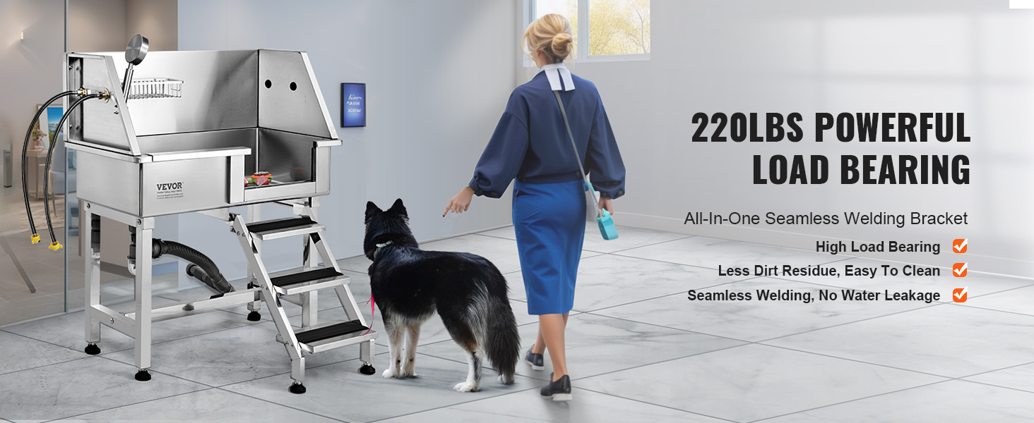 VEVOR dog grooming tub with steps, handles, and a high load-bearing capacity of 220lbs.