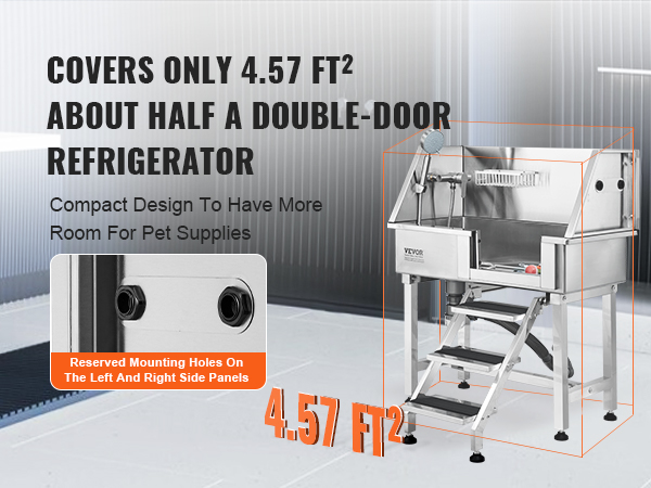 VEVOR dog grooming tub in a modern bathroom, covers 4.57 ft², compact design for pet supplies.
