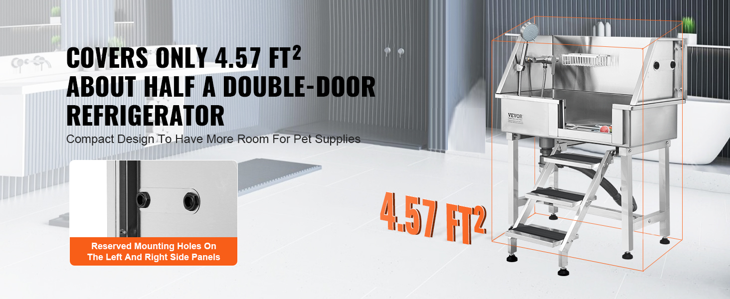 VEVOR dog grooming tub in a modern bathroom, covers 4.57 ft², compact design for pet supplies.