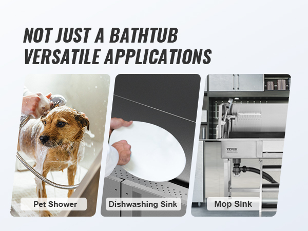 VEVOR dog grooming tub showcasing versatile use as a pet shower, dishwashing sink, and mop sink.