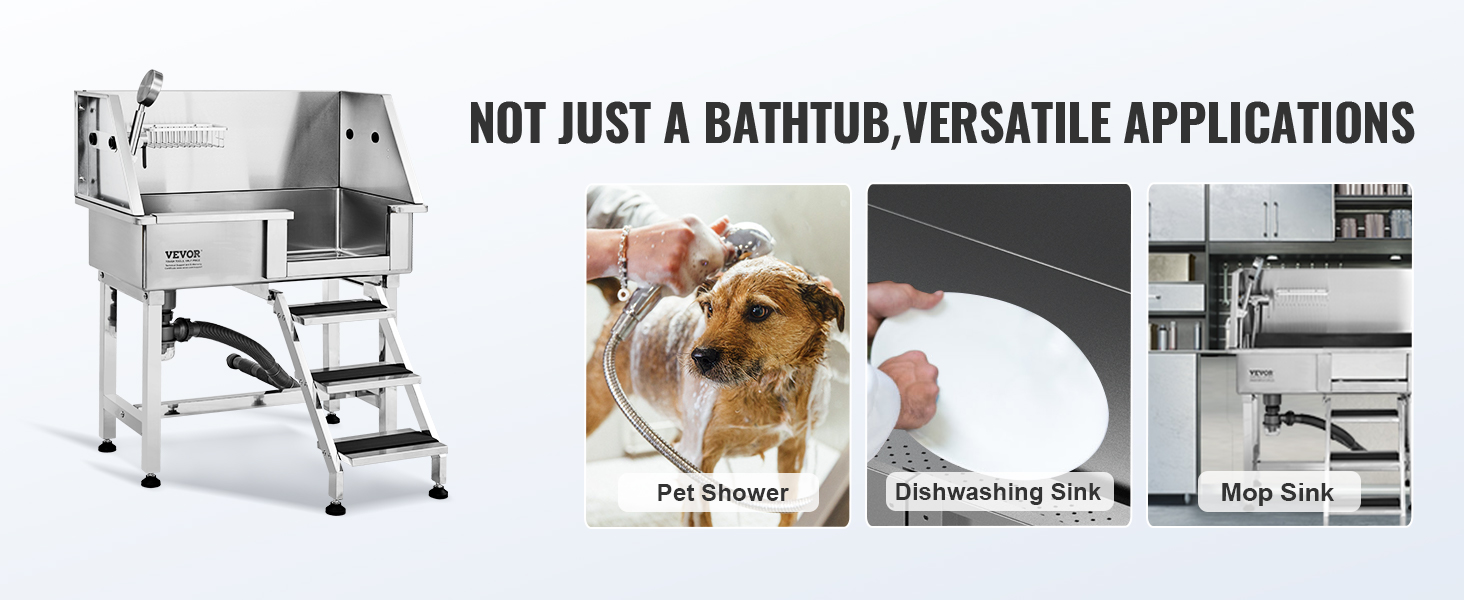 VEVOR dog grooming tub showcasing versatile use as a pet shower, dishwashing sink, and mop sink.