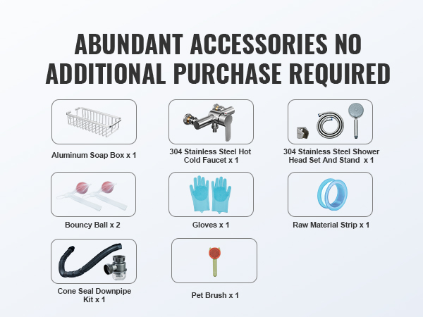 abundant accessories for VEVOR dog grooming tub: soap box, faucet, shower head, downpipe kit, gloves, brush.