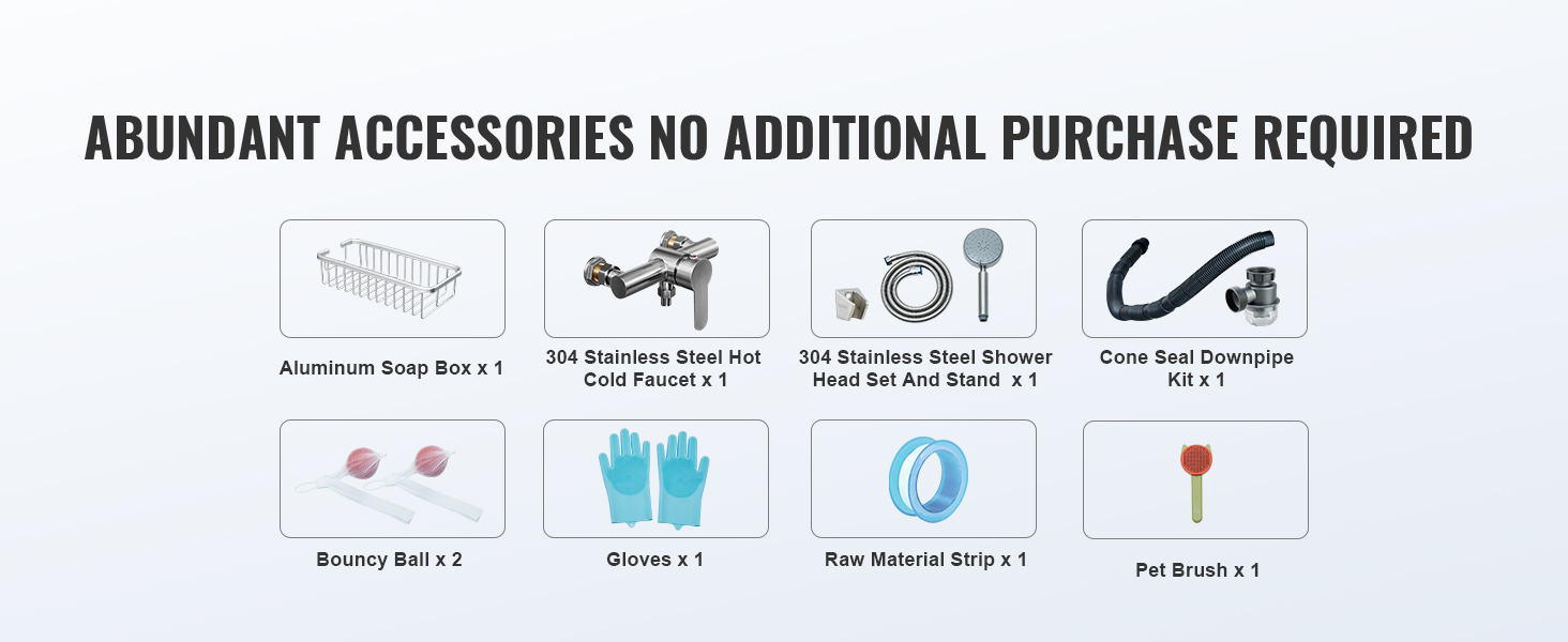 abundant accessories for VEVOR dog grooming tub: soap box, faucet, shower head, downpipe kit, gloves, brush.