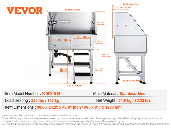 VEVOR dog grooming tub with stainless steel construction, dimensions, and listed accessories.