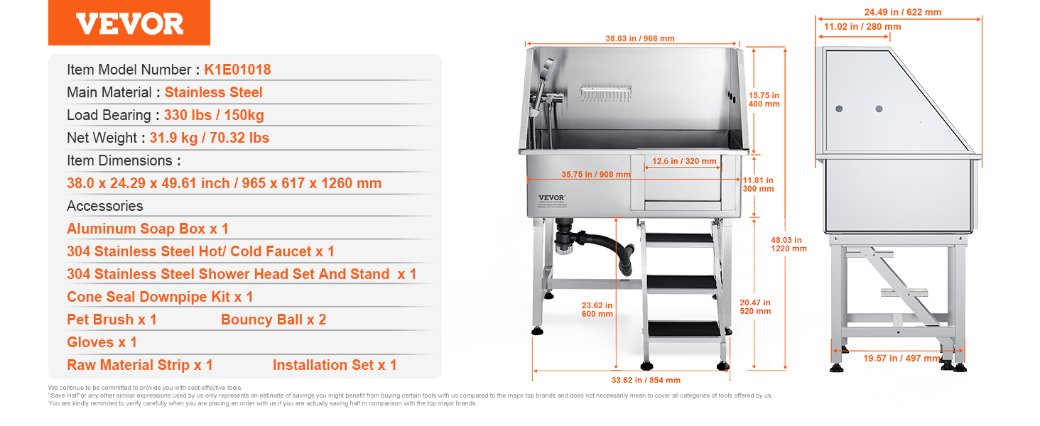 VEVOR dog grooming tub with stainless steel construction, dimensions, and listed accessories.