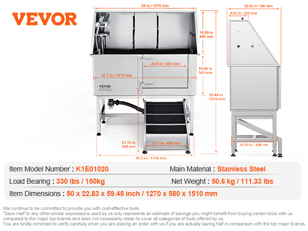 VEVOR dog grooming tub dimensions, weight, and accessories details, made of stainless steel.