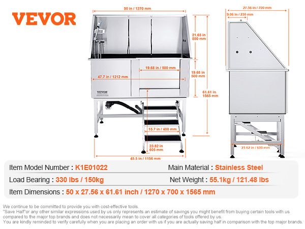 VEVOR dog grooming tub made of stainless steel with dimensions and accessories list. durable and versatile.
