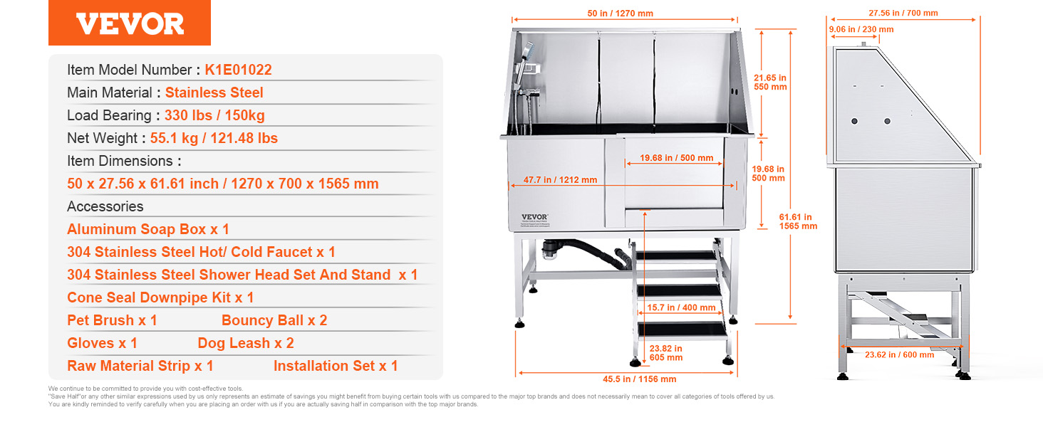 VEVOR dog grooming tub made of stainless steel with dimensions and accessories list. durable and versatile.