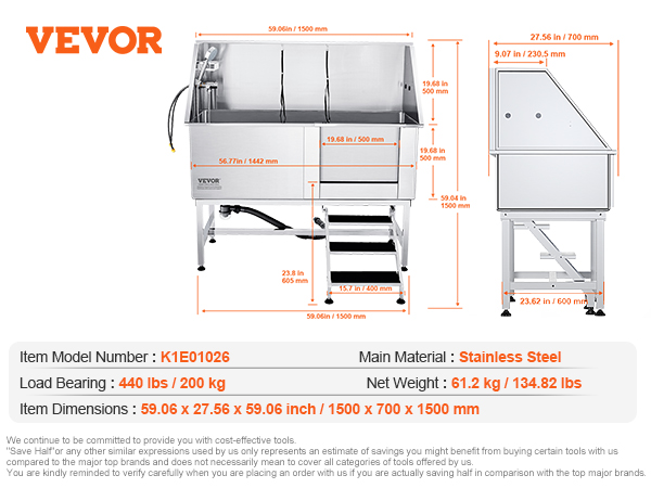 VEVOR dog grooming tub, stainless steel, 440 lbs load, 59.06 x 27.56 x 59.06 in dimensions. includes faucet.