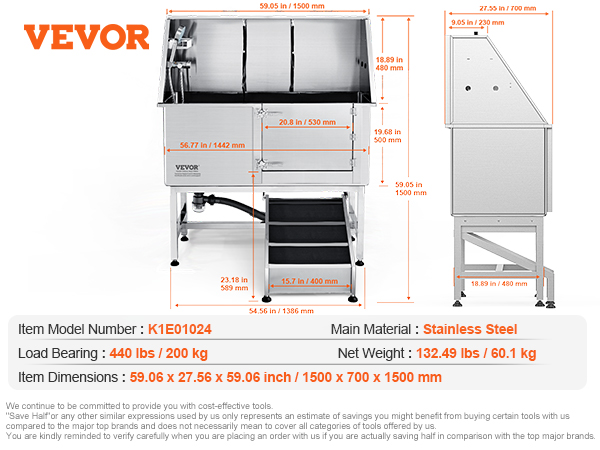 VEVOR dog grooming tub with dimensions, stainless steel material, and various accessories displayed.